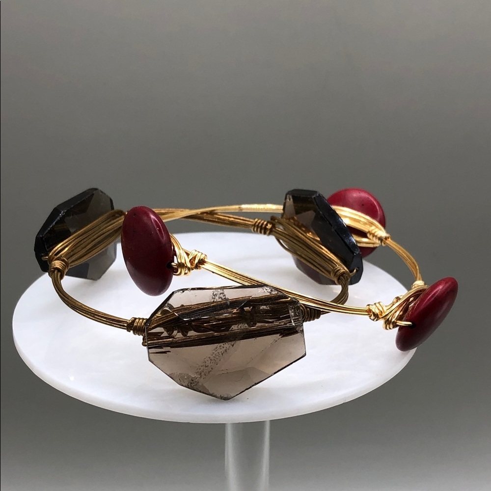 Bundle 2 wire stone bangle bracelets howlite & smoky quartz boho layering stack.